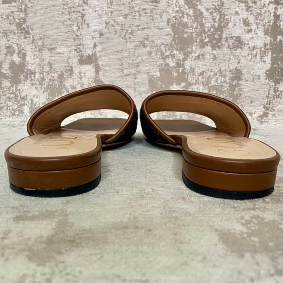 Gucci Jolie Double G Denim Logo & Cognac Leather Slides - Picture 4 of 13